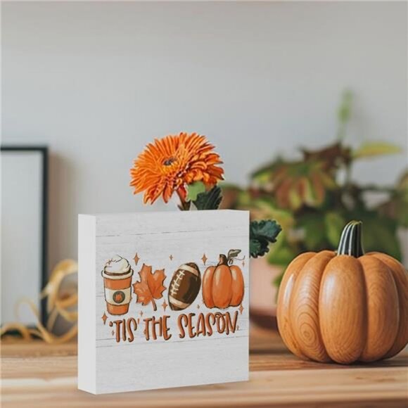 Autumn Harvest Thanksgiving Wooden Square Sign Desk Block Sign Home Shelf Office - Picture 6 of 7